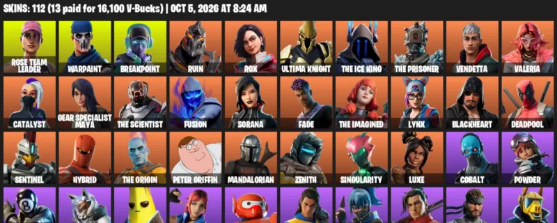 Fortnite account inventory for Rose Team Leader - Warpaint - 112 Outfits