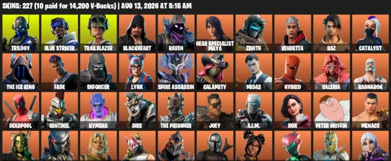 Fortnite account inventory for LVL 3973 - Trilogy - Blue Striker - 227 Outfits