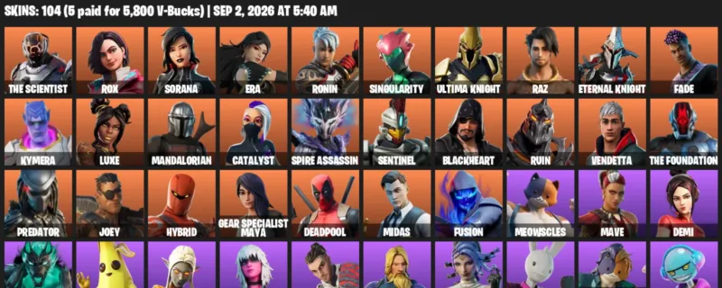 Fortnite account inventory for LVL 1627 - The Scientist - Rox - 104 Outfits