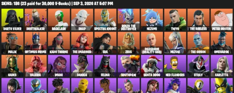 Fortnite account inventory for LVL 2838 - Darth Vader - Driftwalker - 186 Outfits