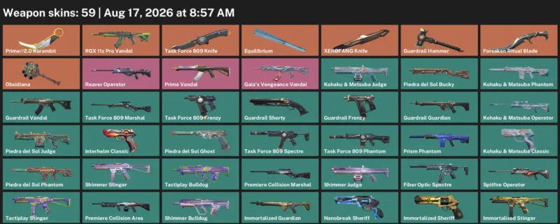 Valorant account inventory for LVL 133 · Forsaken Ritual Blade & Prime & 2.0 Karambit