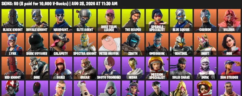 Fortnite account inventory for LVL 857 - Black Knight - Royale Knight - 59 Outfits