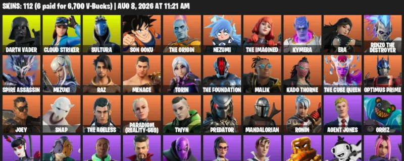 Fortnite account inventory for LVL 2434 - Darth Vader - Cloud Striker - 112 Outfits