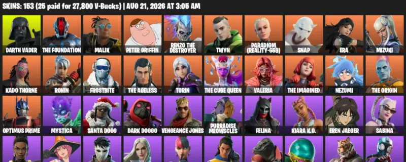 Fortnite account inventory for LVL 3007 - Darth Vader - The Foundation - 153 Outfits
