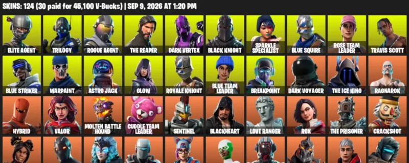 Fortnite account inventory for LVL 1912 - Elite Agent - Trilogy - 124 Outfits