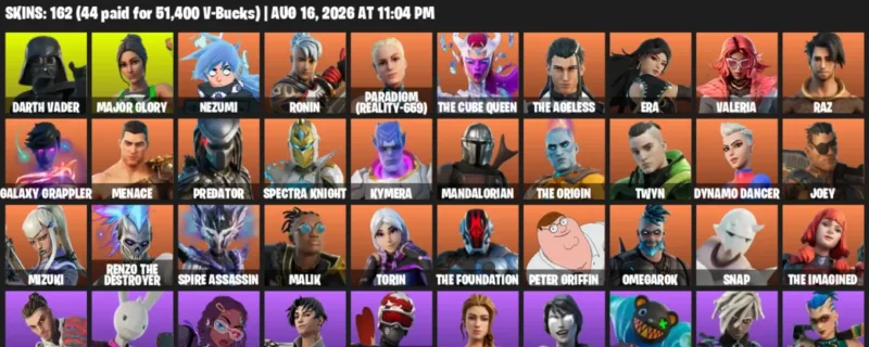 Fortnite account inventory for LVL 2502 - Darth Vader - Major Glory - 162 Outfits