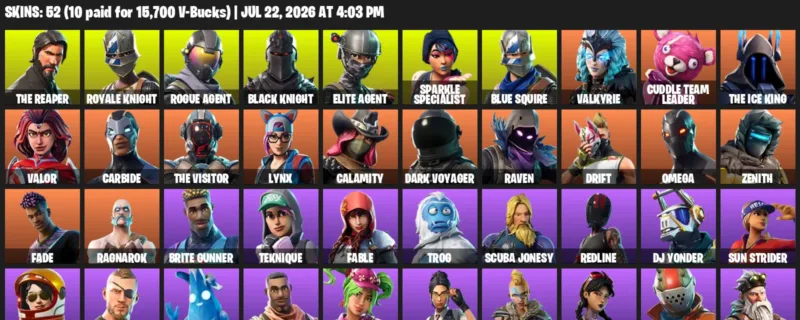 Fortnite Accounts listing: LVL 893 - The Reaper - Royale Knight - 52 Outfits - 52 outfits