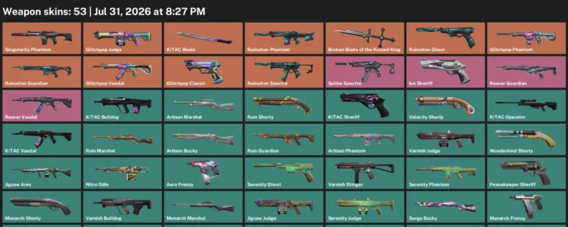 Valorant account inventory for LVL 138 · Tac Blade & Glitchpop Classic