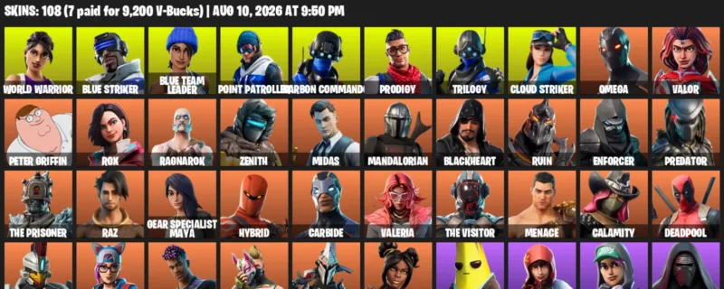 Fortnite account inventory for LVL 1774 - World Warrior - Blue Striker - 108 Outfits