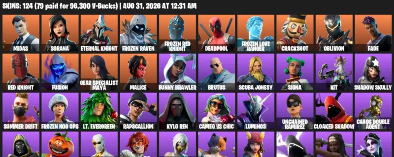 Fortnite account inventory for LVL 1838 - Midas - Sorana - 124 Outfits