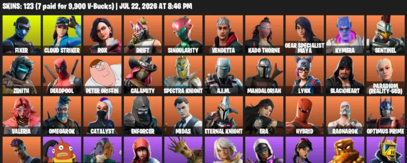 Fortnite Accounts listing: LVL 1965 - Fixer - Cloud Striker - 123 Outfits - 123 outfits