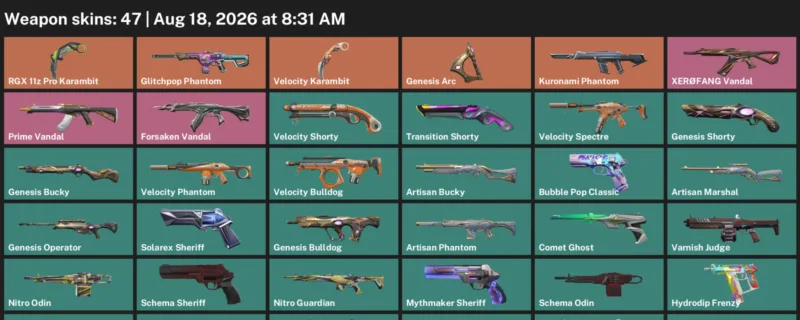 Valorant account inventory for LVL 187 · 47 Skins RGX 11z Pro Karambit