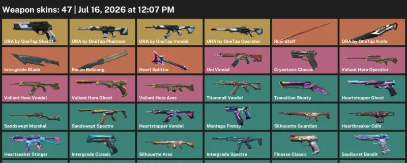 Valorant Accounts listing: LVL 151 · Intergrade Blade & ORA by OneTap Knife · 47 Skins - Silver 2, 47 skins
