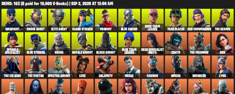Fortnite account inventory for LVL 1575 - Warpaint - Rogue Agent - 103 Outfits