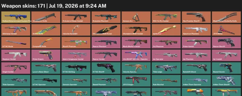 Valorant Accounts listing: LVL 179 · .SYS Melee & Black.Market Butterfly Knife · 171 Skins - Platinum 1, 171 skins