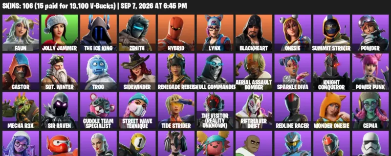 Fortnite account inventory for LVL 898 - Faun - Jolly Jammer - 106 Outfits
