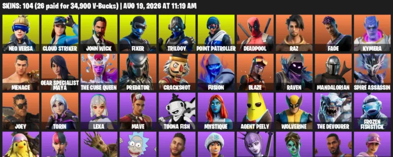 Fortnite account inventory for LVL 1150 - Neo Versa - Cloud Striker - 104 Outfits