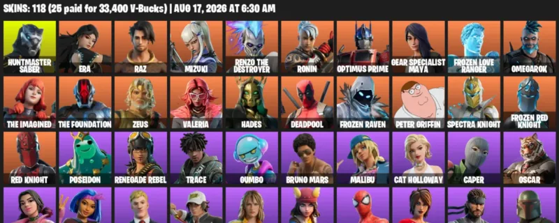 Fortnite account inventory for LVL 1240 - Huntmaster Saber - Era - 118 Outfits