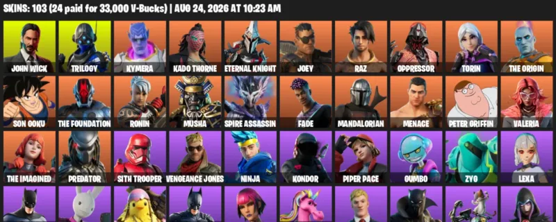 Fortnite account inventory for LVL 1946 - John Wick - Trilogy - 103 Outfits