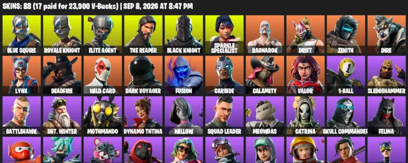Fortnite account inventory for LVL 1481 - Blue Squire - Royale Knight - 88 Outfits