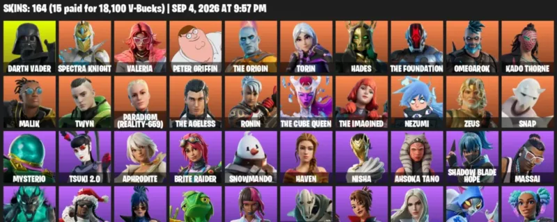 Fortnite account inventory for LVL 4181 - Darth Vader - Spectra Knight - 164 Outfits