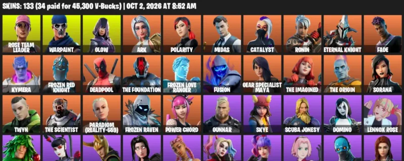 Fortnite account inventory for Rose Team Leader - Warpaint - 120 Outfits