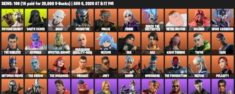 Fortnite account inventory for LVL 3295 - Psycho Bandit - Darth Vader - 166 Outfits
