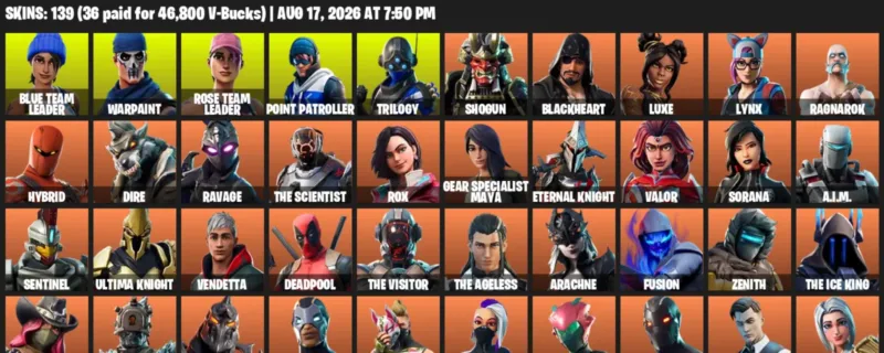 Fortnite account inventory for LVL 1425 - Blue Team Leader - Warpaint - 139 Outfits