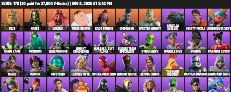 Fortnite account inventory for LVL 2881 - Zeus - Hades - 178 Outfits