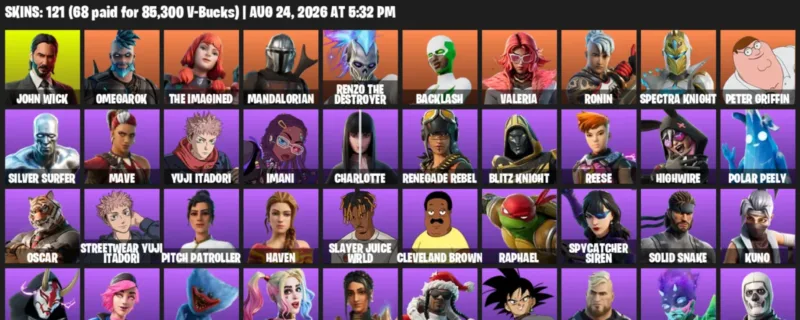 Fortnite account inventory for LVL 1304 - John Wick - Omegarok - 121 Outfits