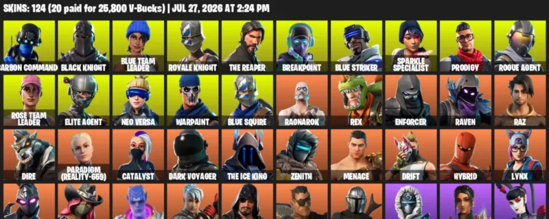 Fortnite Accounts listing: LVL 1842 - Carbon Commando - Black Knight - 124 Outfits - 124 outfits