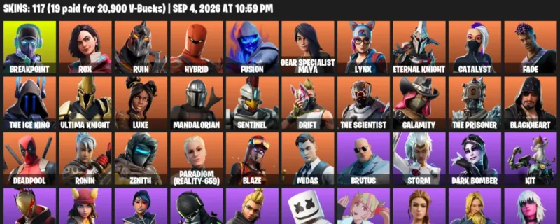 Fortnite account inventory for LVL 1381 - Breakpoint - Rox - 117 Outfits