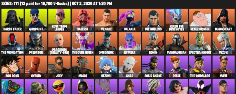 Fortnite account inventory for Darth Vader - Warpaint - 111 Outfits