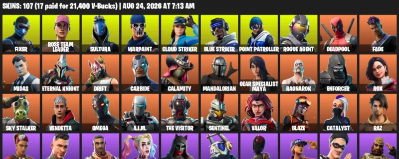 Fortnite account inventory for LVL 1748 - Fixer - Rose Team Leader - 107 Outfits