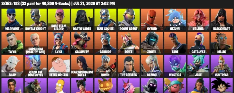 Fortnite account inventory for LVL 1501 - Warpaint - Royale Knight - 193 Outfits