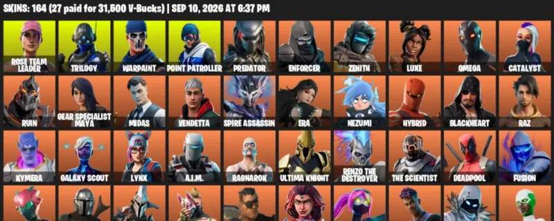 Fortnite account inventory for LVL 2027 - Rose Team Leader - Trilogy - 164 Outfits