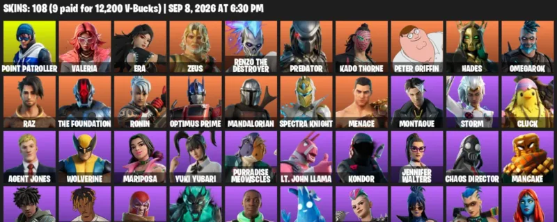 Fortnite account inventory for LVL 2893 - Point Patroller - Valeria - 108 Outfits