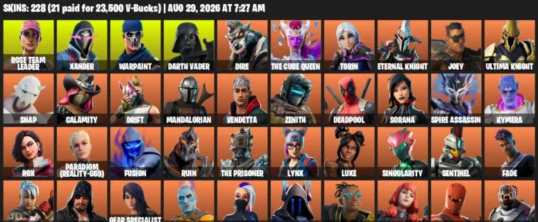 Fortnite account inventory for LVL 3740 - Rose Team Leader - Xander - 228 Outfits