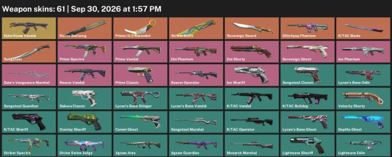 Valorant account inventory for LVL 157 · Tac Blade & Prime & 2.0 Karambit