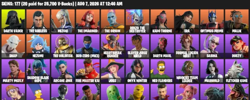 Fortnite account inventory for LVL 1676 - Darth Vader - The Ageless - 177 Outfits