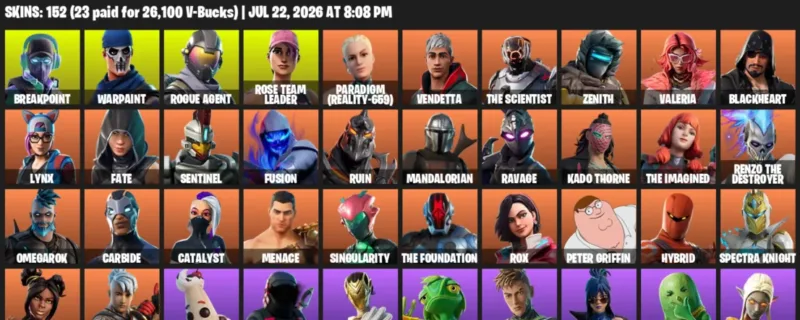 Fortnite Accounts listing: LVL 2377 - Breakpoint - Warpaint - 152 Outfits - 152 outfits
