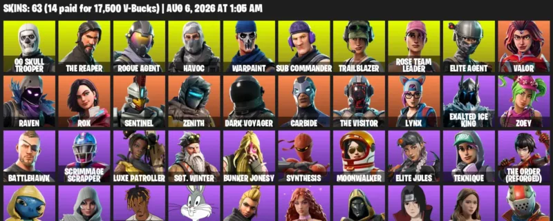 Fortnite account inventory for LVL 940 - OG Skull Trooper - The Reaper - 63 Outfits