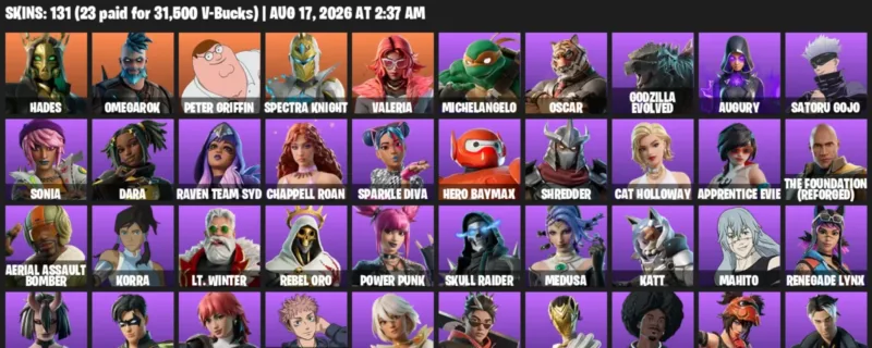 Fortnite account inventory for LVL 660 - Hades - Omegarok - 131 Outfits