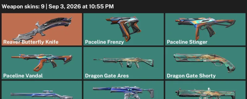 Valorant account inventory for LVL 15 · Reaver Butterfly Knife & Paceline Vandal