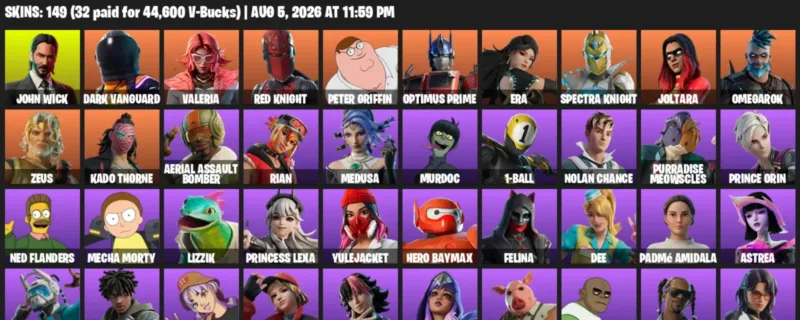 Fortnite account inventory for LVL 1878 - John Wick - Dark Vanguard - 149 Outfits