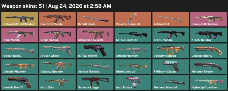 Valorant account inventory for LVL 114 · Tac Blade & Velocity Karambit & Artisan Phantom