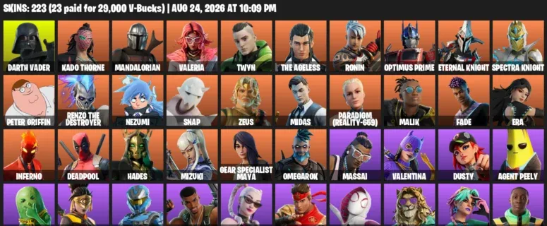 Fortnite account inventory for LVL 3110 - Darth Vader - Kado Thorne - 223 Outfits