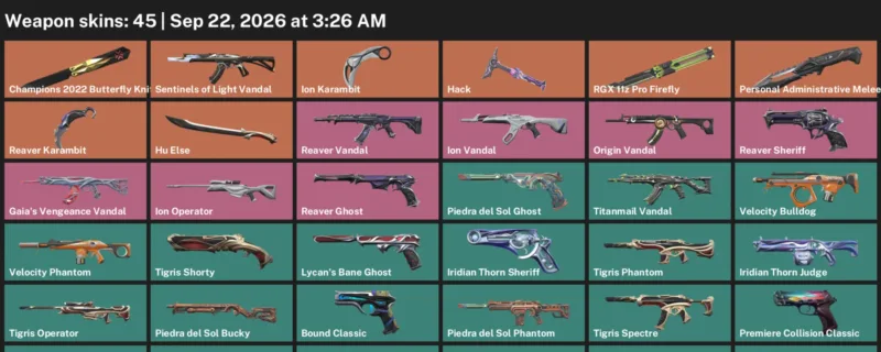 Valorant account inventory for LVL 28 · 45 Skins Champions 2022 Butterfly Knife & Reaver Karambit