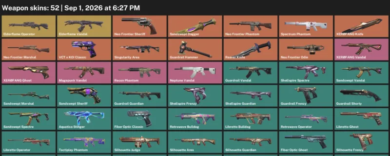 Valorant account inventory for LVL 59 · Reaver Knife & Sandswept Dagger & 52 Skins Reaver Knife