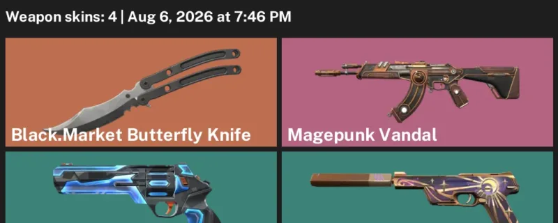 Valorant account inventory for LVL 50 · Magepunk Vandal & Black.Market Butterfly Knife